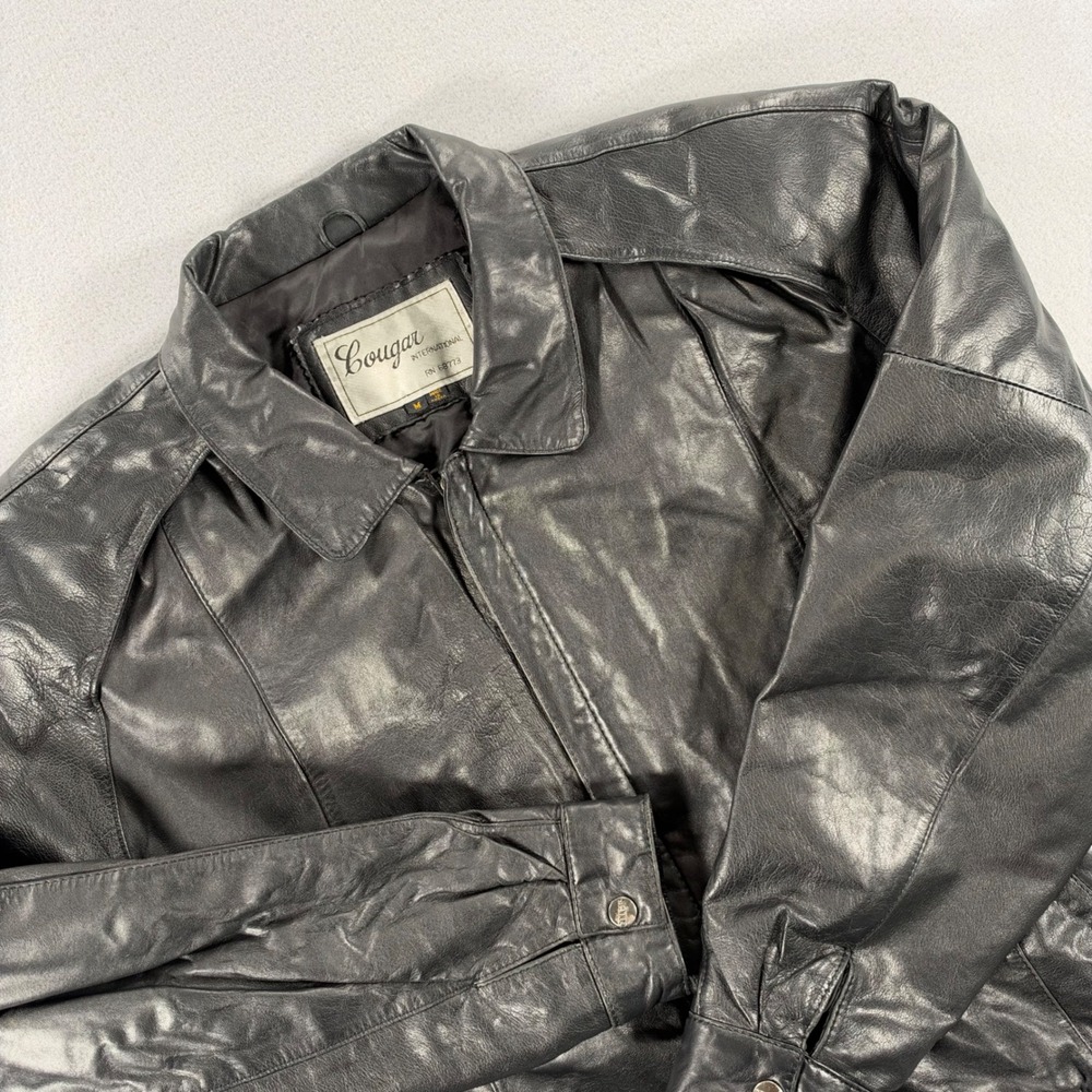 Cougar Vintage Leather Bomber Jacket Medium Black Elastic Waist Zip Front